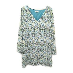 Halo Shift Dress Large V Neck‎ Sleeve Slits Teal Green Chevron Flowy Retro Boho
